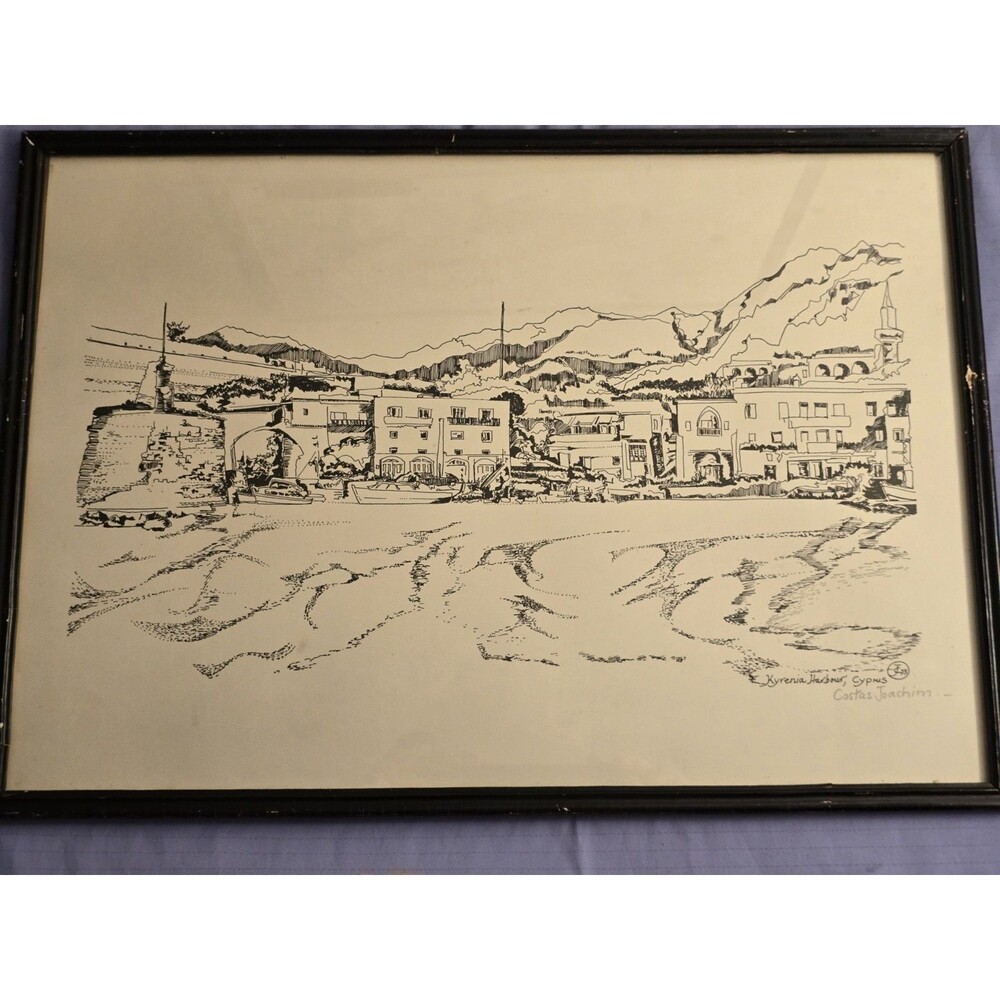 Costas Joachim 1973 Original Lithograph Print Kyrenia Harbour Cyprus Art Framed